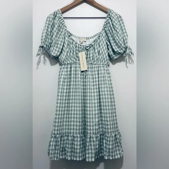 NWT Thirty/Thirty LA Green & White Gingham Dress, Babydoll Mini Dress, Medium - Picture 1 of 15